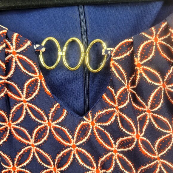 Chetta B Sleeveless Navy Orange Geometric Sheath Dress Gold Ring Detail Size 18 - Picture 2 of 9